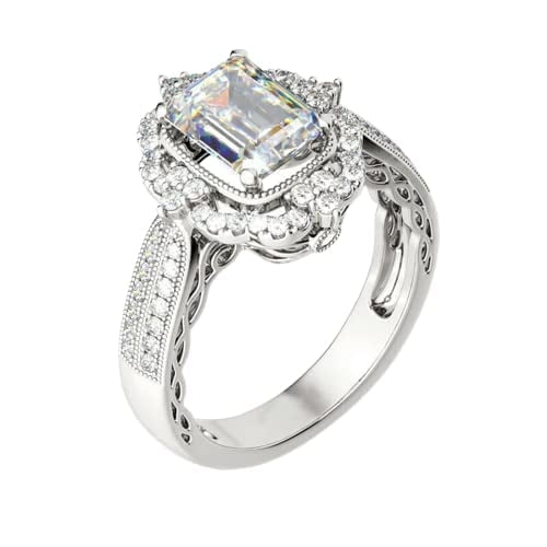 HeartsAndYou 4ct Emerald Cut Moissanite Engagement Vintage Inspired Cocktail Ring 18k White Gold over Silver