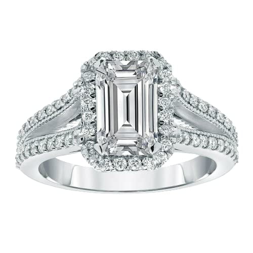 HeartsAndYou 4ct Emerald Cut Moissanite Halo Engagement Ring for Women 18k White Gold over Silver Split Shank