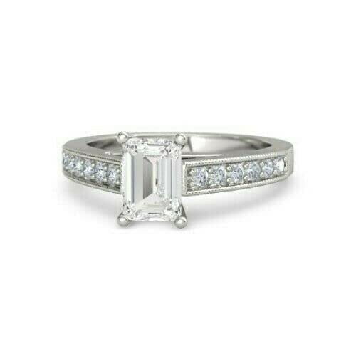 HeartsAndYou 4ct Emerald Cut Moissanite Milgrain Round Accent Solitaire Ring 18k White Gold over Silver Stylish