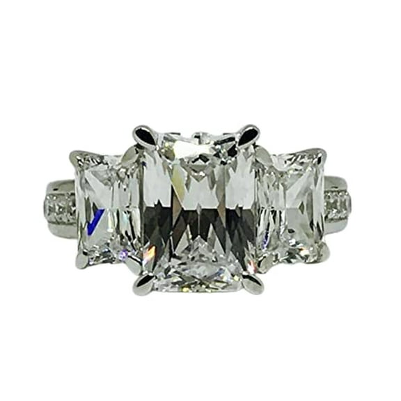 HeartsAndYou 4ct Emerald Cut Moissanite Three Stone Ring 18k White Gold over Silver with Round Accent