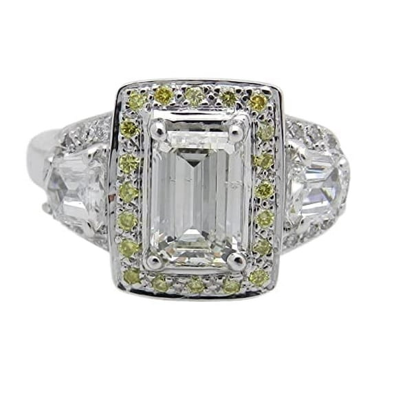 HeartsAndYou 4ct Emerald Moissanite Yellow Halo Trilogy Engagement Ring for Women 18k White Gold over Silver