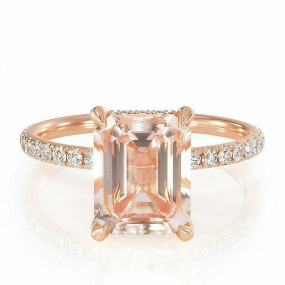 HeartsAndYou 4ct Emerald Natural Morganite Round Moissanite Accent Ring 14k SOLID Rose Gold