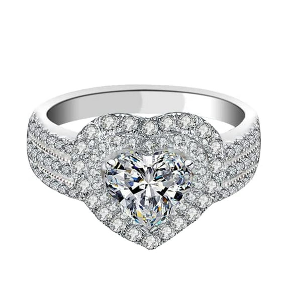 HeartsAndYou 4ct Heart Cut Moissanite Engagement Ring for Women 18k White Gold over Silver Double Halo Solitaire Stylish