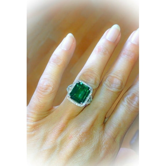 HeartsAndYou 4ct Natural Green Emerald & Diamond Ring Halo Split Shank 14k SOLID White Gold