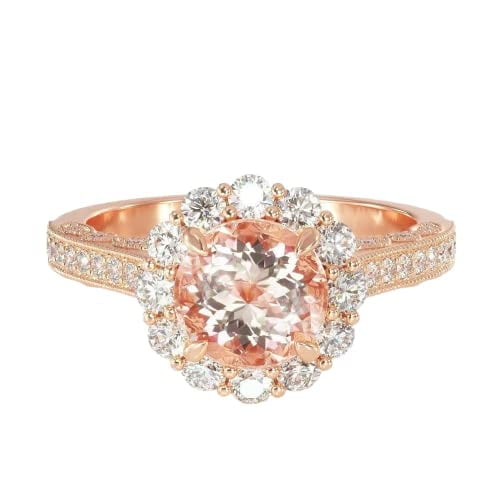 HeartsAndYou 4ct Natural Peach Morganite Floral Halo Engagement Ring 100% 14k SOLID Rose Gold