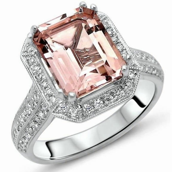 HeartsAndYou 4ct Natural Peach Morganite Milgrain Halo Engagement Ring 14k SOLID White Gold