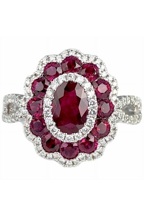 4ct Natural Ruby & Diamond Engagement Ring Cocktail Flower 14k SOLID White Gold