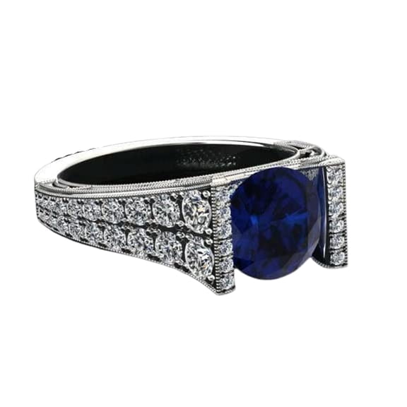 HeartsAndYou 4ct Natural Sapphire Diamond Dual Row Accent Solitaire Ring 14k SOLID White Gold
