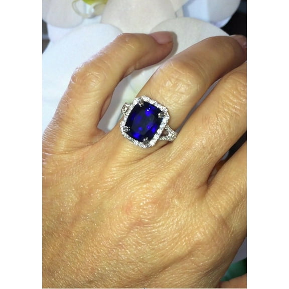 HeartsAndYou 4ct Natural Sapphire & Diamond Ring Split Shank Halo 100% 14k SOLID White Gold