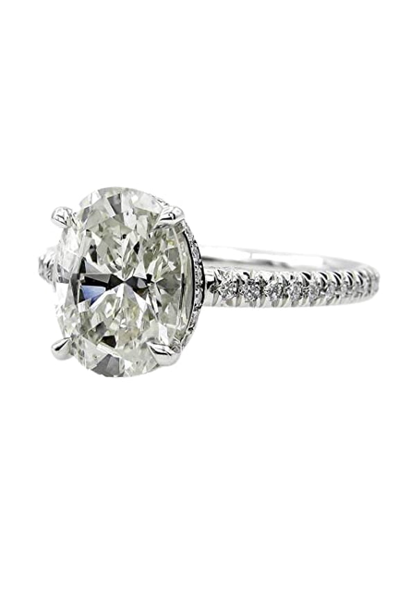4ct Oval Cut Moissanite Accent Hidden Halo Solitaire Ring 18k White Gold over Silver
