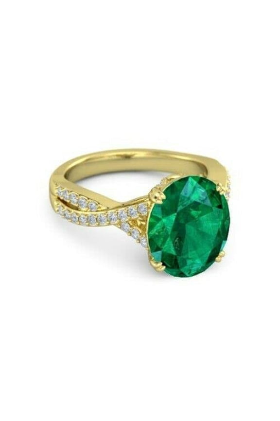 4ct Oval Natural Green Emerald Moissanite Split Band Ring 14k SOLID Yellow Gold