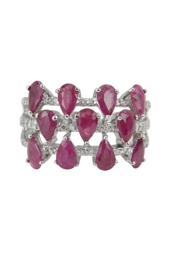 4ct Pear Cut Natural Ruby Moissanite Wide Cocktail Ring 14k SOLID White Gold