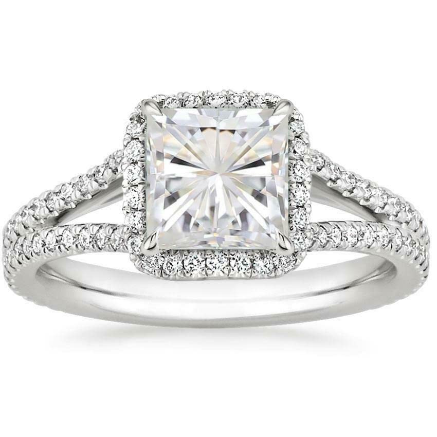 HeartsAndYou 4ct Princess Cut Moissanite Engagement Ring for Women 18k White Gold over Silver Halo Split Shank