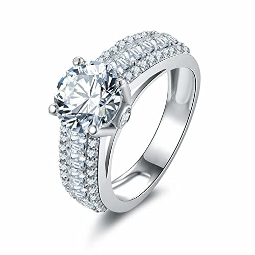 HeartsAndYou 4ct Round Cut Moissanite 3 Row Cluster Shank Solitaire Ring 18k White Gold over Silver