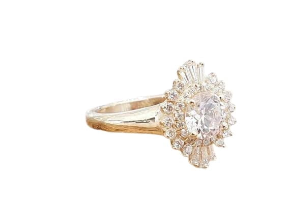 HeartsAndYou 4ct Round Cut Moissanite Ballerina Halo Engagement Ring for Women Women 18k Yellow Gold over Silver