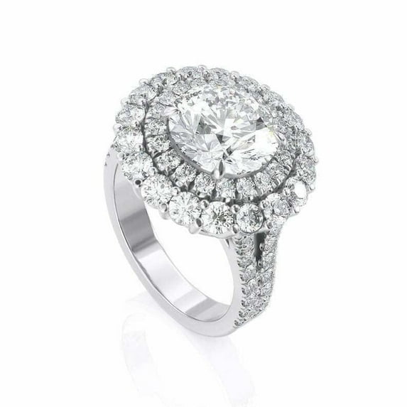 HeartsAndYou 4ct Round Cut Moissanite Engagement Ring for Women Double Halo Split Shank 18k White Gold over Silver