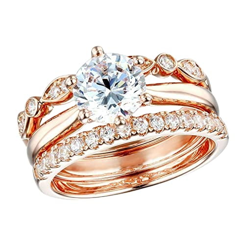 HeartsAndYou 4ct Round Cut Moissanite Trio Bridal Set Solitaire Ring 18k Rose Gold Over Silver