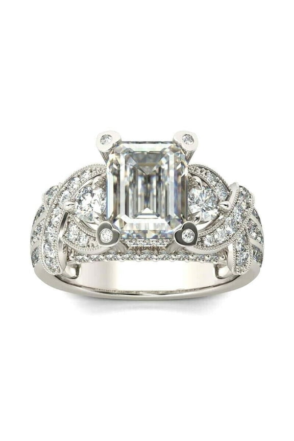 5.5ct Emerald Cut Moissanite Gatsby Cocktail Engagement Ring for Women 18k White Gold over Silver