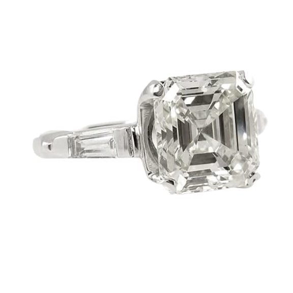 HeartsAndYou 5ct Asscher Moissanite Trilogy Solitaire Ring 18k White Gold over Silver Baguette Accents
