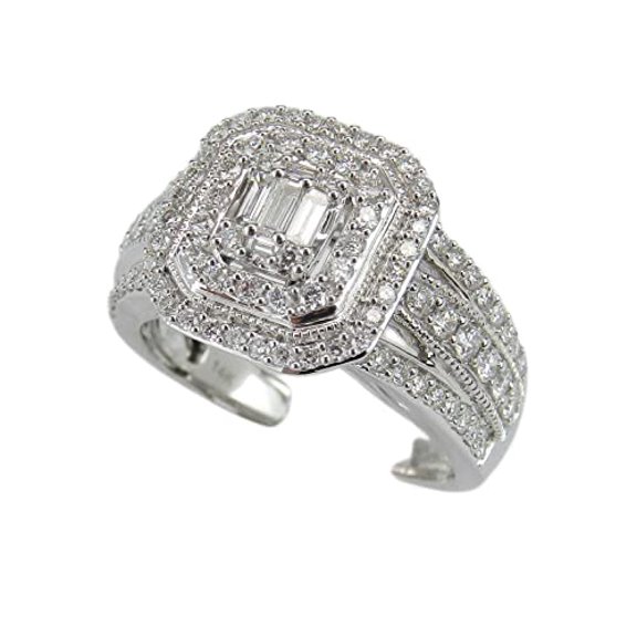 HeartsAndYou 5ct Baguette Moissanite Double Halo Cocktail Engagement Ring for Women 18k White Gold over Silver