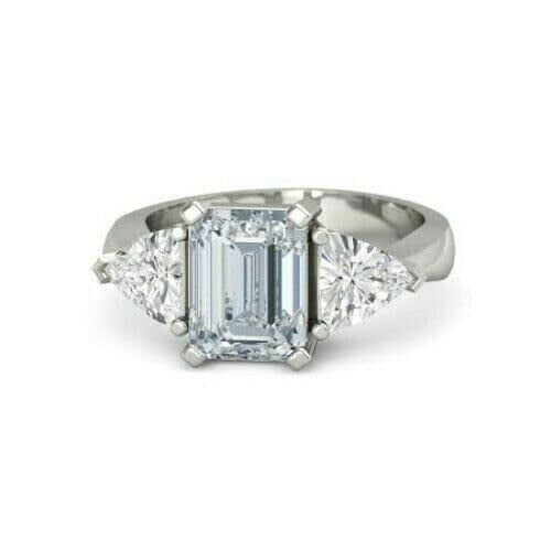 HeartsAndYou 5ct Emerald Cut Moissanite Trillion Accents Three Stone Ring 18k White Gold over Silver