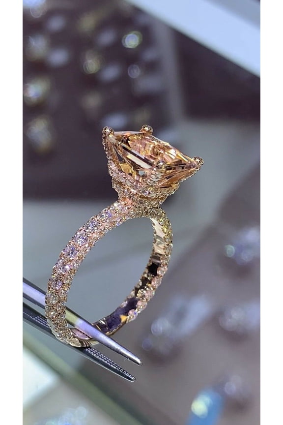 5ct Natural Peach Morganite Hidden Halo Ice Cocktail Ring 14k SOLID Rose Gold