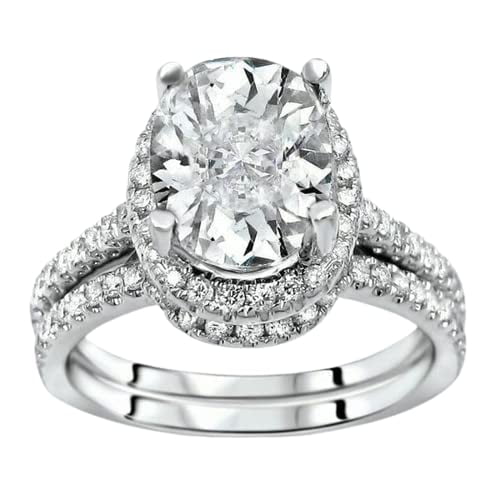 HeartsAndYou 5ct Oval Cut Moissanite Bridal Set Band Halo Engagement Ring for Women 18k White Gold Over Silver