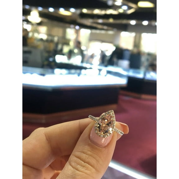 HeartsAndYou 5ct Pear Cut Natural Peach Morganite & Moissanite Halo Ring 14k SOLID Rose Gold