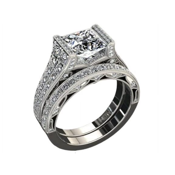 HeartsAndYou 5ct Princess Cut Moissanite Dual Row Solitaire Bridal Set Ring 18k White Gold Over Silver