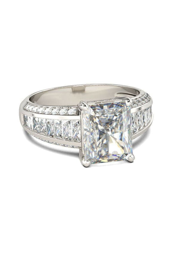 5ct Radiant Cut Moissanite Solitaire Ring 18k White Gold over Silver Baguette Accents
