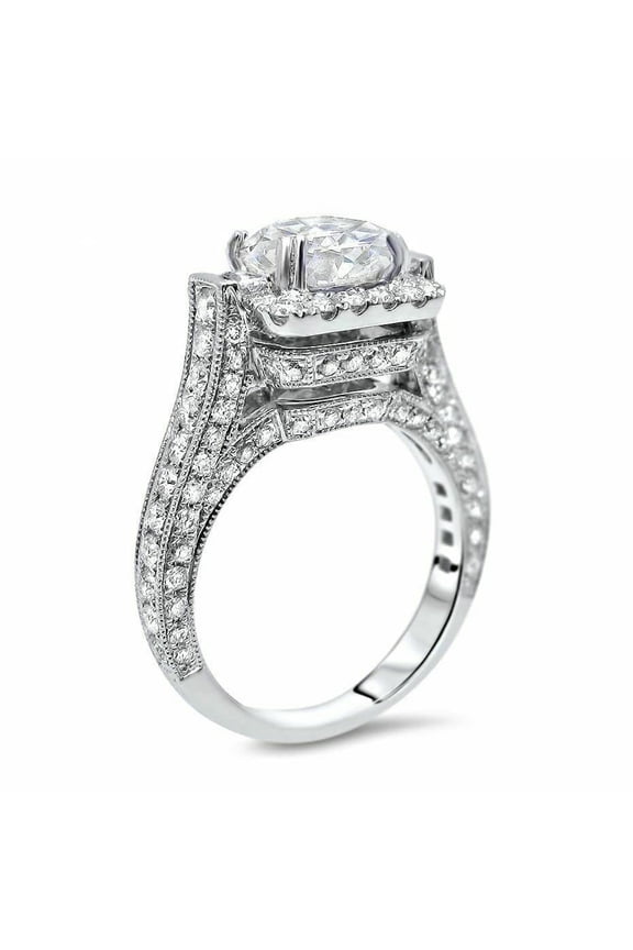 5ct Round Cut Moissanite Gatsby Ice Milgrain Cocktail Ring 18k White Gold over Silver