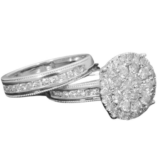 HeartsAndYou 5ct Round Moissanite Engagement Ring for Women 18k White Gold Over Silver Double Halo Bridal Set