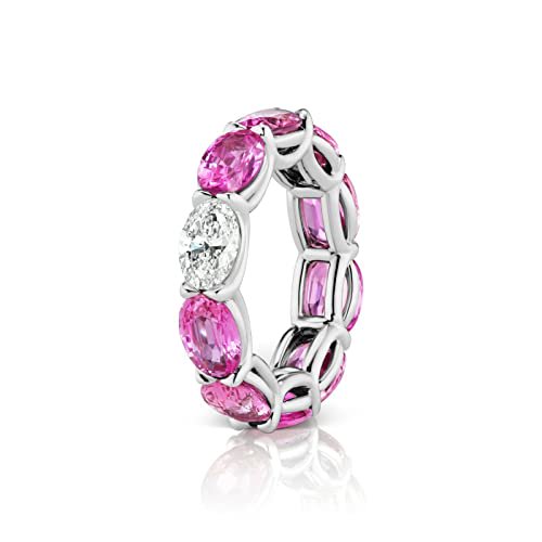 HeartsAndYou 6ct Oval Cut Natural Pink Sapphire Moissanite Eternity Band 14k SOLID White Gold