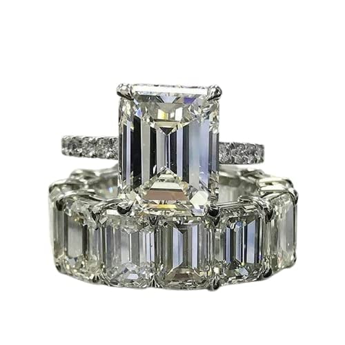 HeartsAndYou 8ct Emerald Moissanite Bridal Set Solitaire Ring Eternity Band 18k White Gold Over Silver