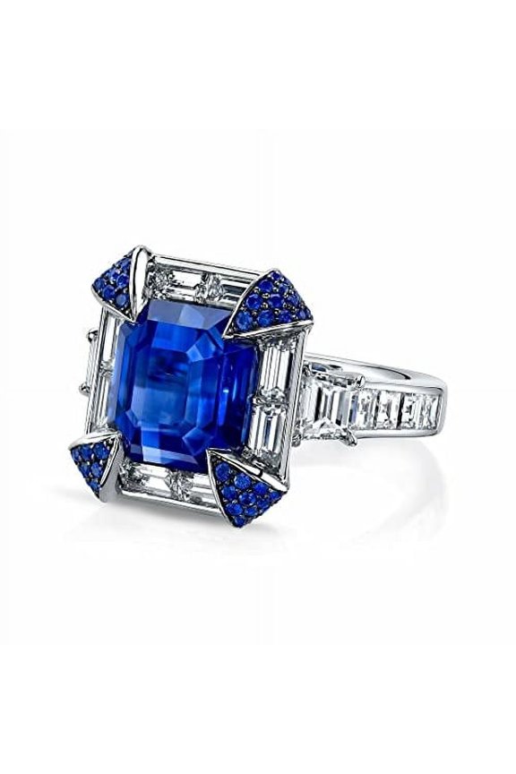 Asscher Natural Sapphire & Moissanite Gatsby Art Deco Ring 14k SOLID White Gold