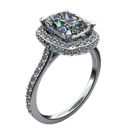 HeartsAndYou Double Halo Engagement Ring for Women 2.4ct Cushion Cut Moissanite 18k White Gold over Silver