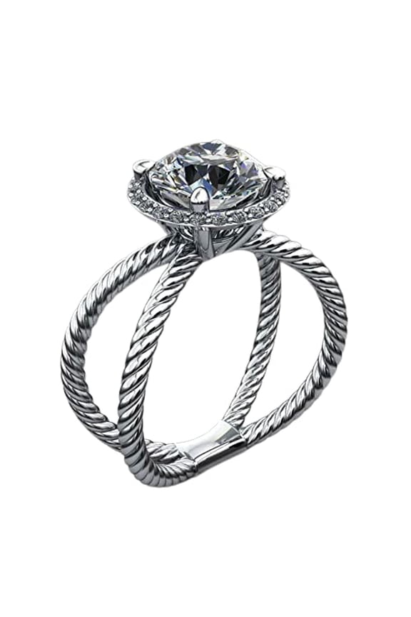 Dual Open Braided Shank Halo Ring 4.2ct Round Cut Moissanite 18k White Gold over Silver