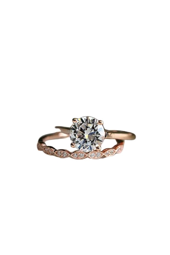 Halo Art Deco Bridal Set Engagement Ring for Women 2ct Round Cut Moissanite 18k Rose Gold Over Silver