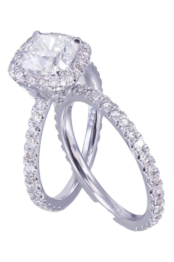 Halo Bridal Set Engagement Ring for Women 2ct Cushion Cut Moissanite 18k White Gold Over Silver