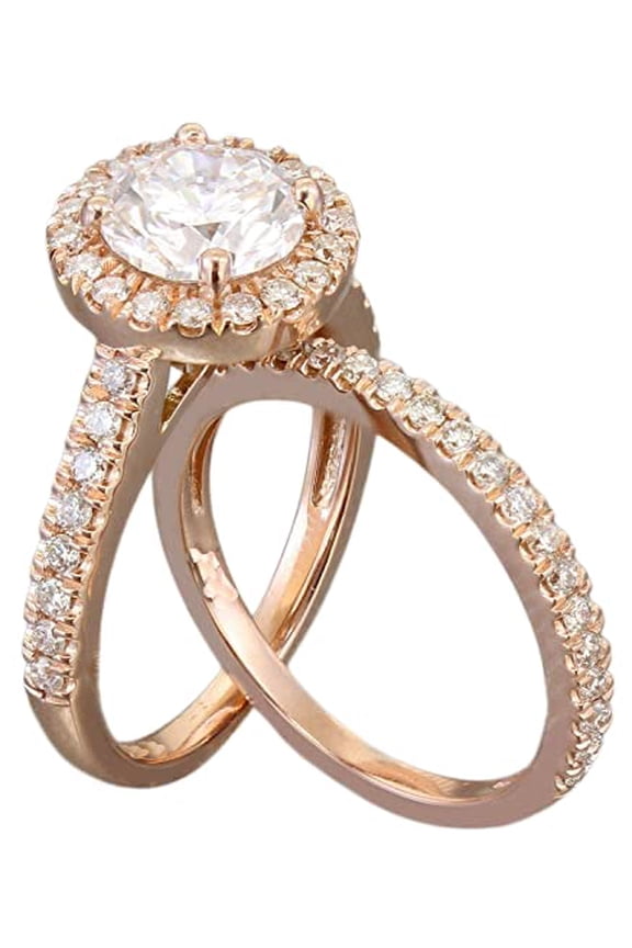 Halo Bridal Set Engagement Ring for Women 2ct Round Cut Moissanite 18k Rose Gold Over Silver