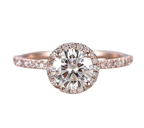 HeartsAndYou Halo Solitaire with Accents Engagement Ring for Women 2ct Round Moissanite 18k Rose Gold over Silver