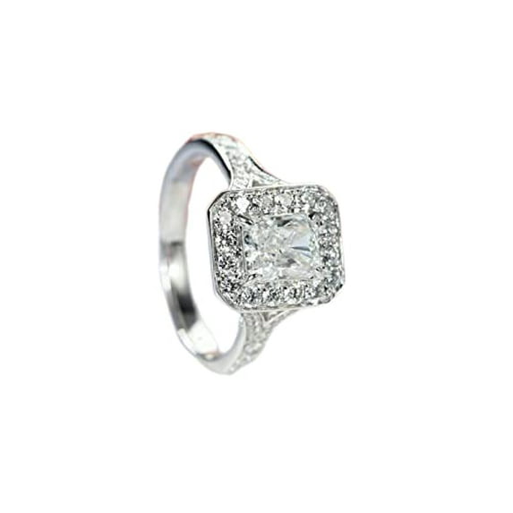 HeartsAndYou Halo Split Shank Engagement Ring for Women 2.3ct Radiant Cut Moissanite 18k White Gold over Silver