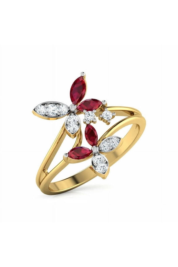 Marquise Natural Ruby Moissanite Butterfly Cocktail Ring 14k SOLID Yellow Gold