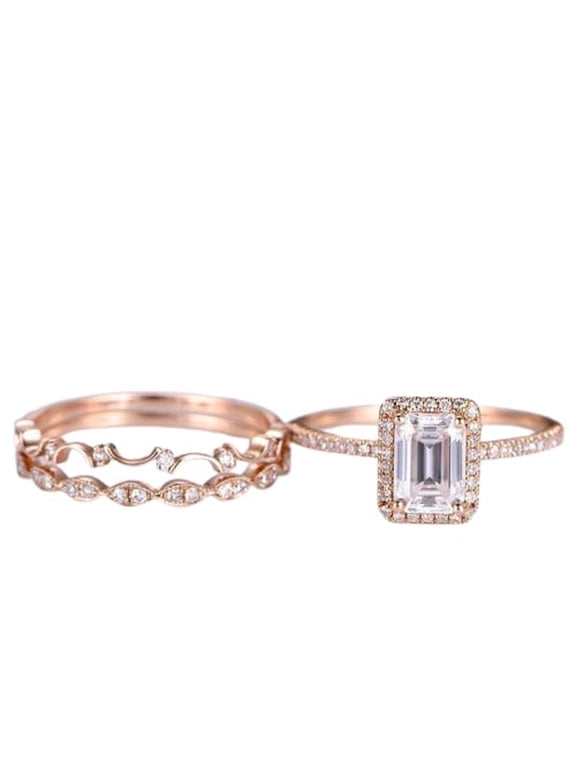 Milgrain Halo Trio Set Engagement Ring for Women 4ct Emerald Cut Moissanite 18k Rose Gold Over Silver