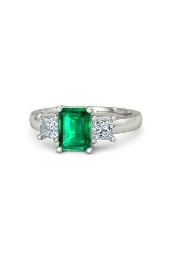 Natural Emerald Moissanite 3 Stone Ring 14k SOLID White Gold Princess Accent