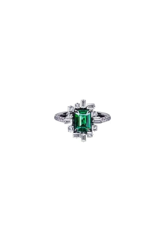 Natural Green Emerald Moissanite Halo Cocktail Gatsby Ring 14k SOLID White Gold