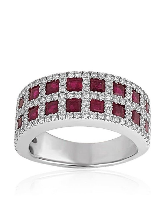Princess Natural Ruby Moissanite Squares Halo Band Ring 14k SOLID White Gold