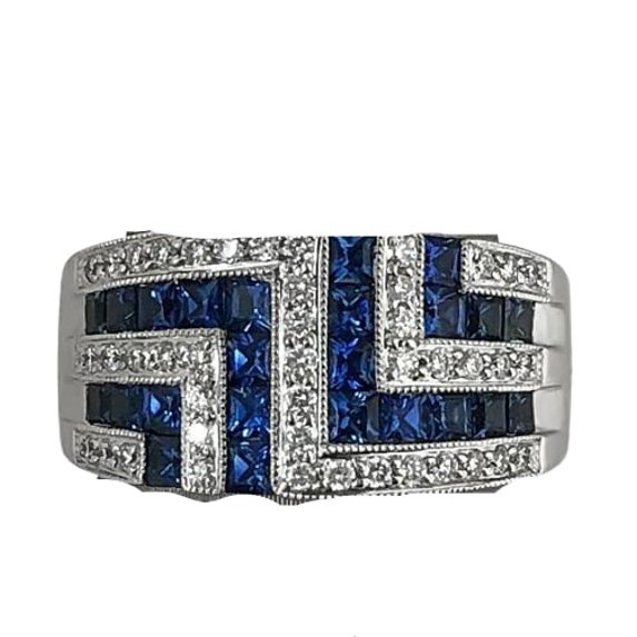 HeartsAndYou Princess Natural Sapphire & Moissanite Art Deco Wide Ring 14k SOLID White Gold