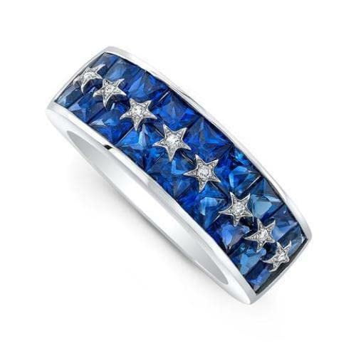 HeartsAndYou Princess Natural Sapphire & Moissanite Star Design Band In 14k SOLID White Gold