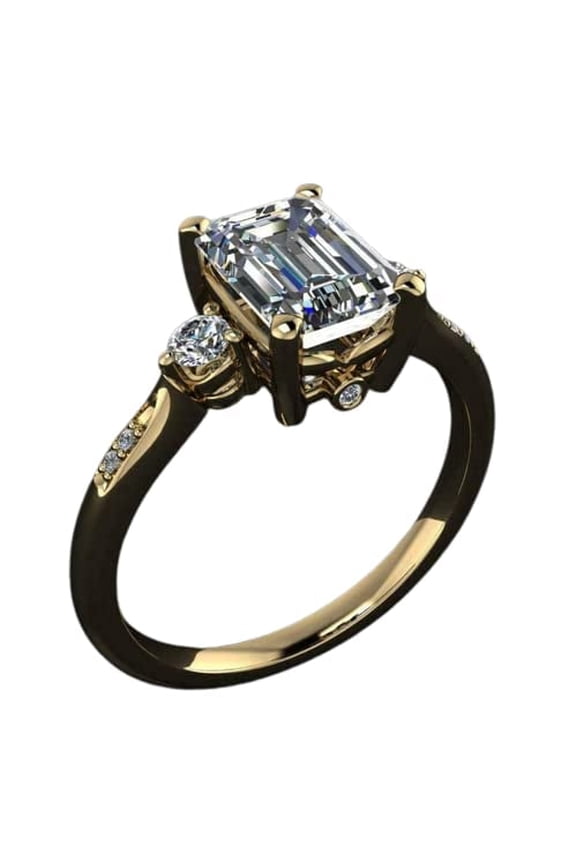 Round Accents Trilogy Engagement Ring for Women 1.4ct Emerald Moissanite 18k Yellow Gold Over Silver